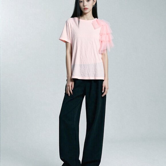 Women's Pink T-Shirt with Tulle and Pearl Ruffle Sleeve Asymmetrical Style Sz S - Picture 1 of 7